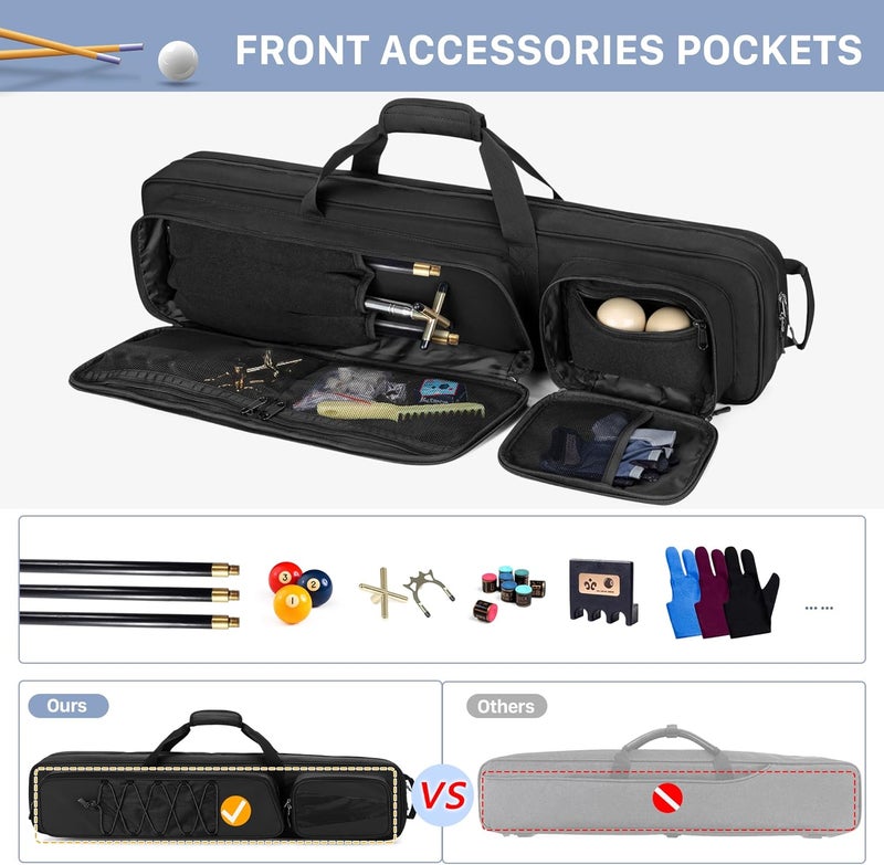 GOBUROS 4x5 Pool Cue Case, Billiard Stick Carrying Case Holds 4 Butts and 5 Shafts, Soft Pool Stick Bag with Large Front Accessories Pockets and Shoulder Strap for Easy Carry - Image 3